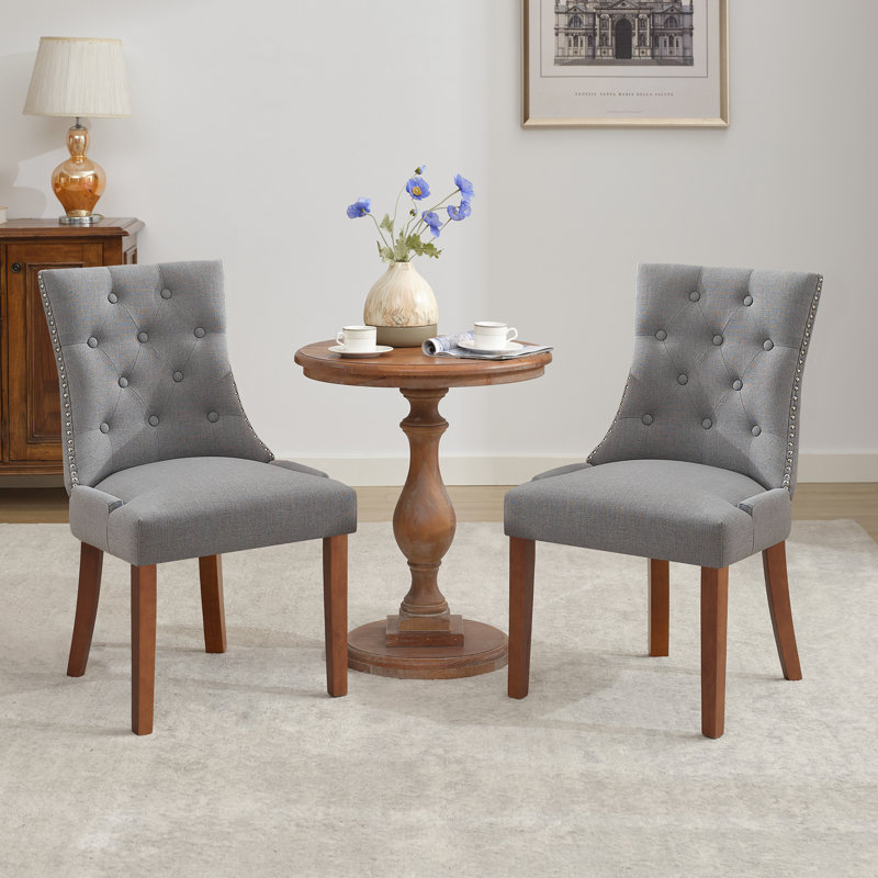 Tufted Upholstered Dining Chairs with Solid Wood Legs, Light Gray, Brown Wood