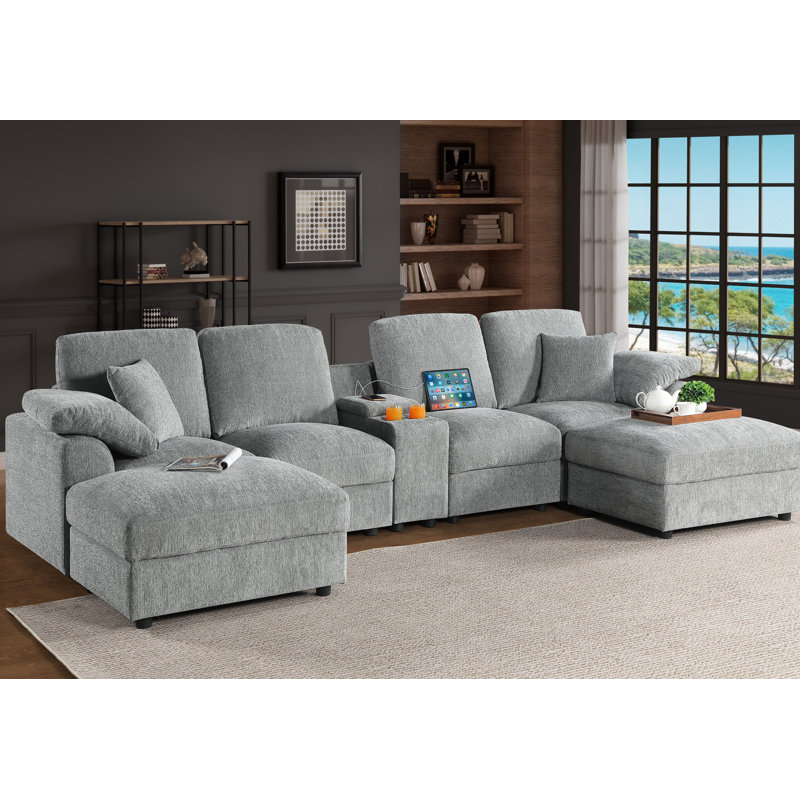 128.75” Sectional Sofa With 2 Ottomans, Light Gray