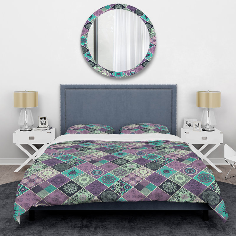 Patchwork vert et mauve - ensemble de housse de couette abstrait - microfibre de polyester