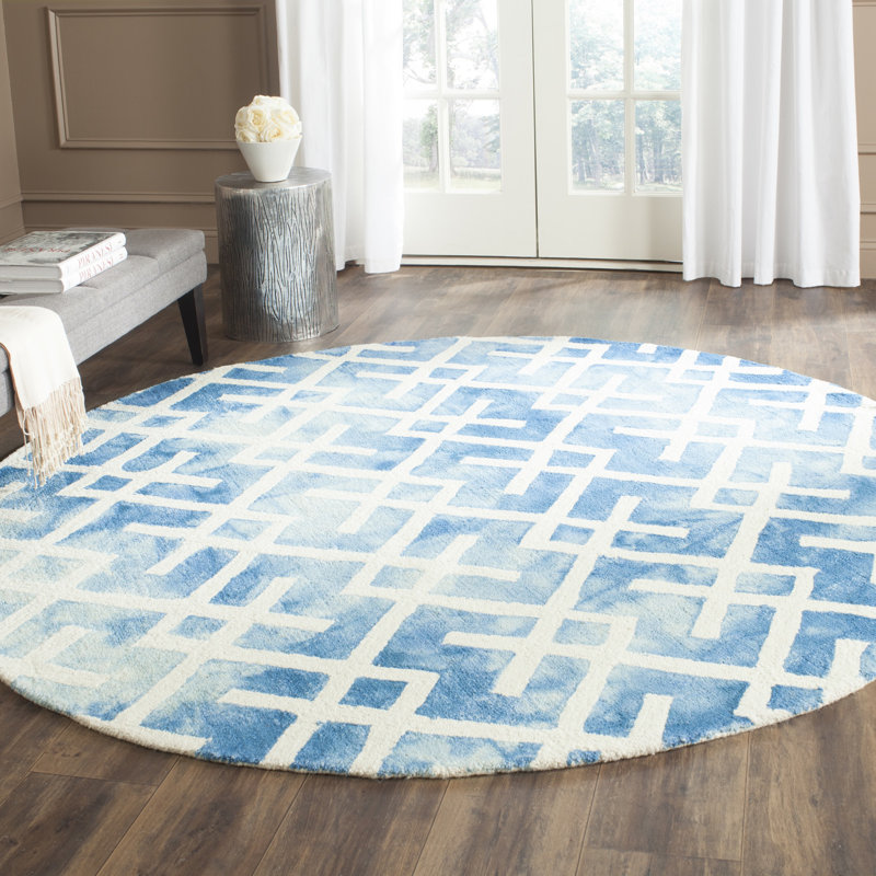 Bryauna Hand Tufted Wool/Cotton Geometric Rug in Blue/Ivory, Round 7'