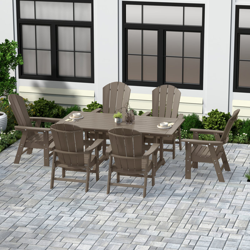 Aleera 7-Piece Plastic Dining Set with Umbrella Hole, Weathered Wood