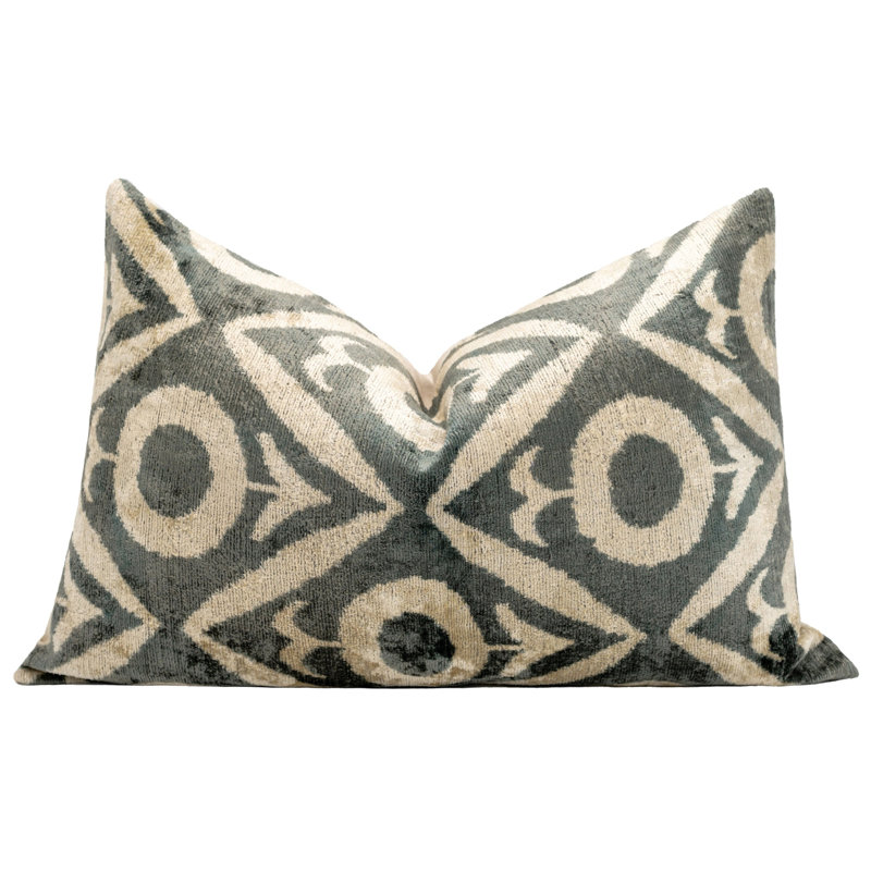 Velvet Pillow Cover & Insert, Gray/Ivory Geometric 2, 16"H x 24"W, Rectangular