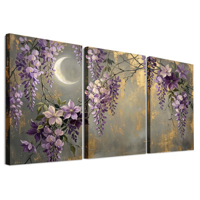 Ensemble de 3 toiles mauves mauves et clématites avec fond clair de lune