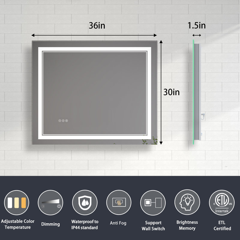 Miroir de salle de bain à DEL à intensité variable avec fonction de désembuage, 30 po x 36 po, Rectangle