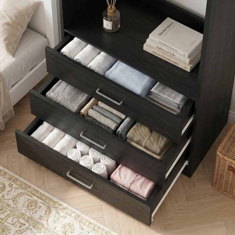 Petit système de placard autoportant 24 po avec 3 tiroirs en bois, Noir, noir, noir, noir, 80" H x 24" W x 15" D