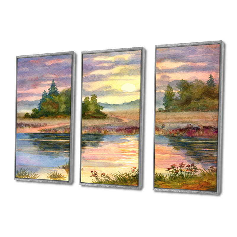 Coucher de soleil sur le lac I - ensemble d'art mural sur toile traditionnel encadré de 3, H 40 po x l 60 po, Argent