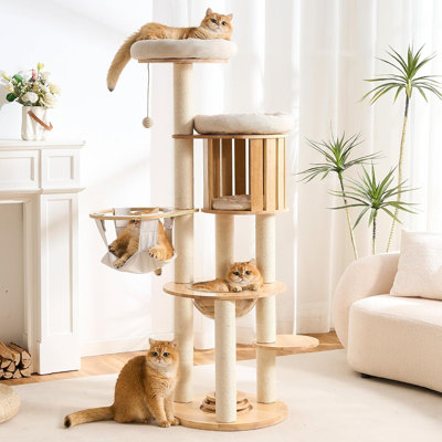 Tour pour arbre à chat en bois massif avec poteau à griffer, tours pour chat de 61 pouces de hauteur avec capsule et condo, tour pour chat moderne avec hamac et lit supérieur amovible pour chats d'intérieur