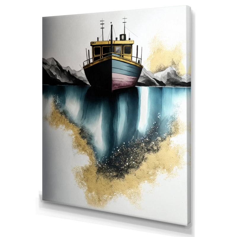 " Green Modern Fishing Boat ", 20" H x 12" W x 1" D, Wrapped Canvas