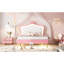 Structure de lit double pleine grandeur avec lumières DEL, lit princesse rembourré moderne avec tête de lit couronne, blanc et rose
