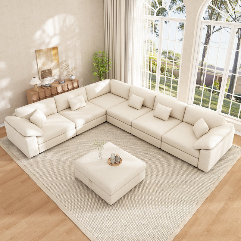 Canapé modulaire en chenille 7 pièces avec assise profonde et repose-pieds amovible 7 pièces, Beige