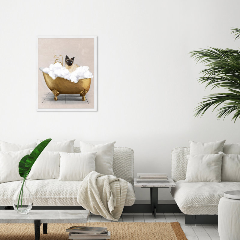 Bath Bath Cat - peinture encadrée, Cadre blanc, H 26 po x l 26 po