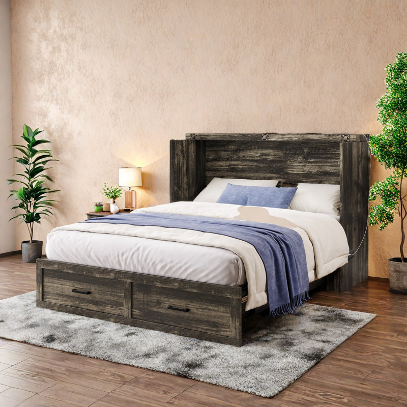 Murphy Bed Cabinet With Built In Drawer And Power Outlets, Gray, Queen