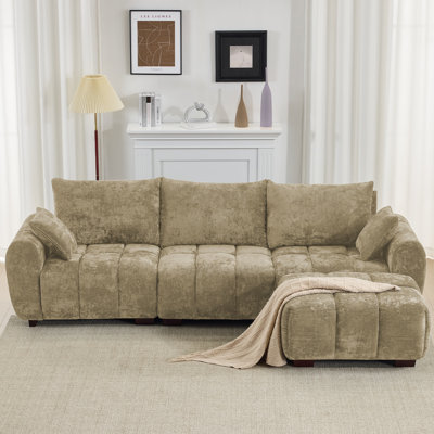 Canapé d'angle modulaire en chenille, canapé 3 places en forme de L avec 1 pouf, canapé convertible infonuagique avec assise profonde, accoudoirs amovibles, pieds en bois massif