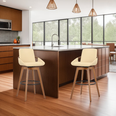 Allyssa Swivel Counter or Bar Height Bar Stool with Arms and Footrest in Faux Leather and Wood