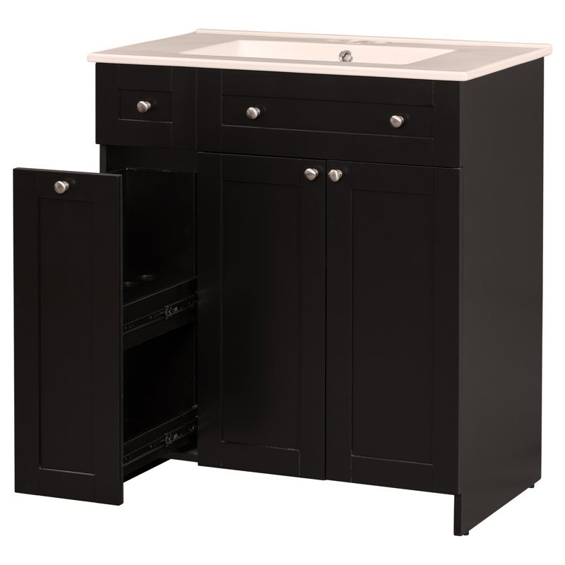 Ensemble de meuble-lavabo 30 po avec lavabo en céramique, armoire de rangement abondante - 2 portes à fermeture en douceur et tiroir profond à deux niveaux