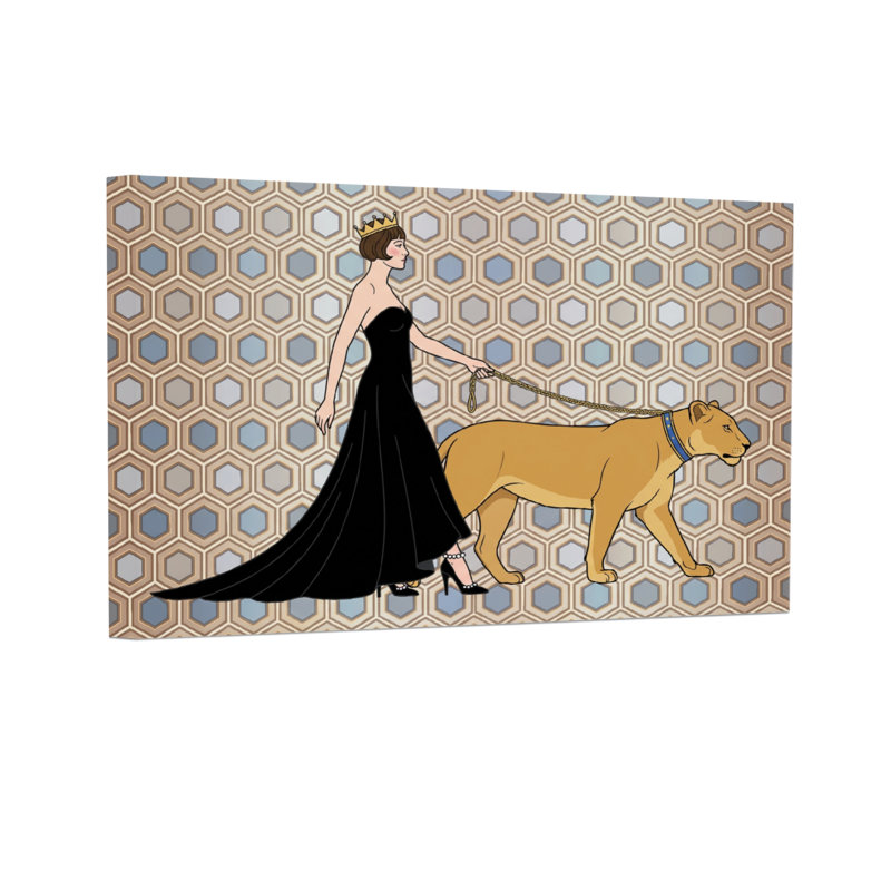 Animaux, femme élégante avec lion en laisse, H 16 po x l 24 po