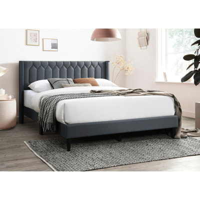 Lit moderne grand, tête de lit en toile de jute gris anthracite, lit de couleur sans sommier avec tête de lit à coutures en losange unique et cadre en bois