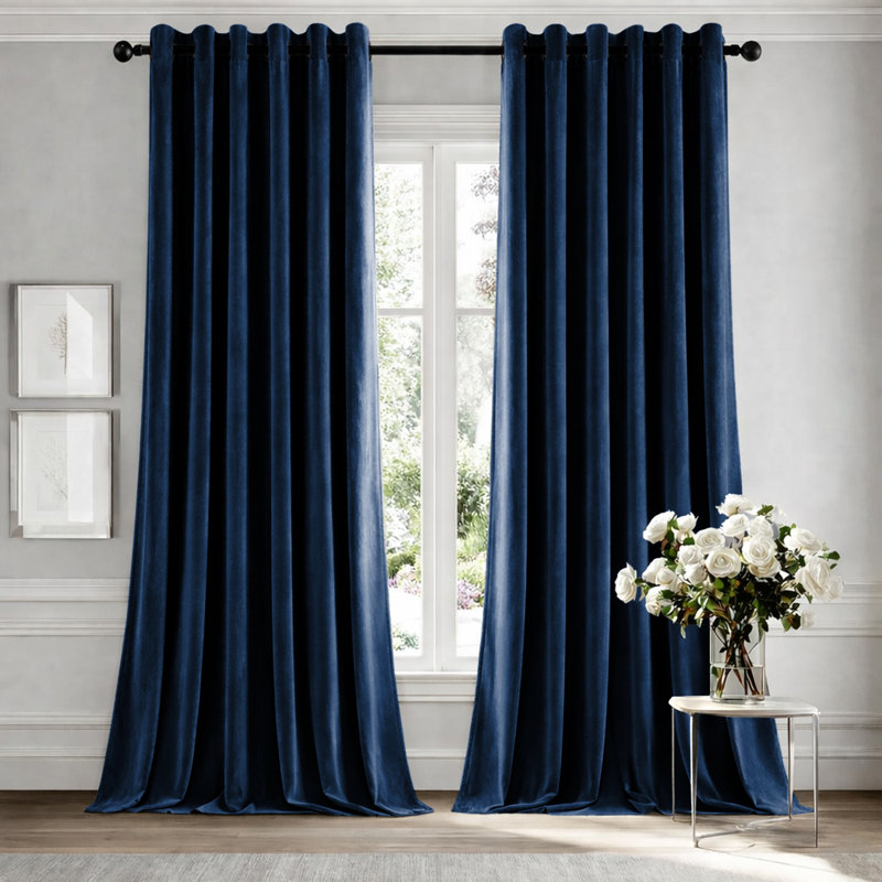 Heavy Crushed Ready Made Velvet Eyelet Curtains (Set Of 2), 168cm Width x 137cm Height, Navy