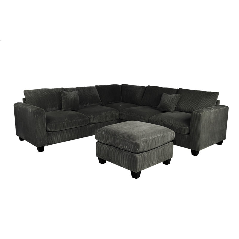 Modern Style L-Shaped 4Pc Sectional Set Cocktail Ottoman Square Arms Throw Pillow Corduroy Upholstered Black Finish Primary Living Room