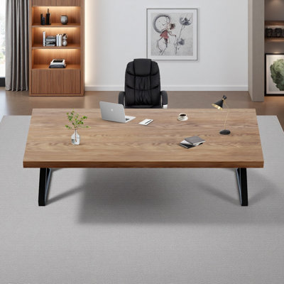 Ensemble de bureau et de chaise 78,74 pouces au fini noyer industriel, plateau de bureau en bois massif avec chaise de bureau noire