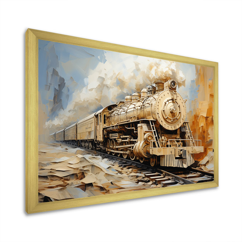 Rêve de train rétro blanc sur toile, Encadrement doré, H 16 po x l 32 po x P 1 po