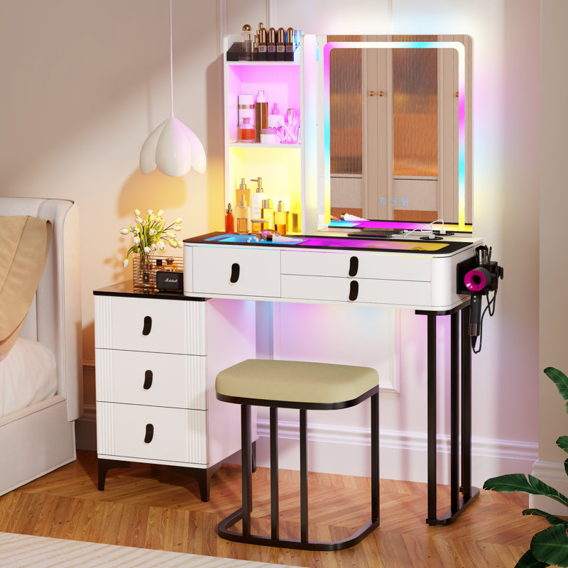Vanity Set with Human Sensor RGB Lights, Glass Top and Quick-Charging Station, White