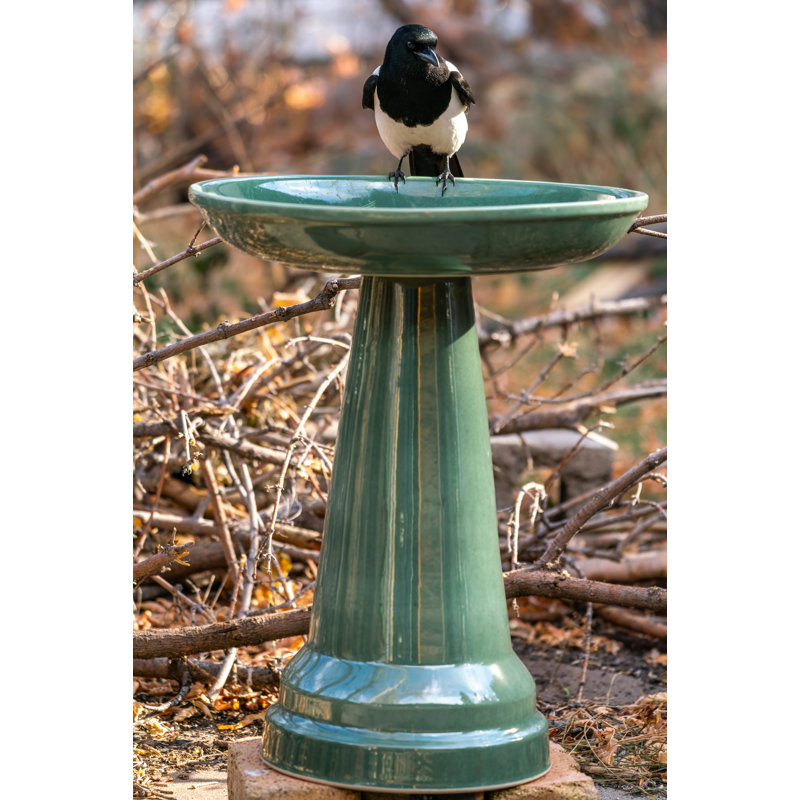 Summer Green Ceramic Pedestal Bird Bath with Locking Top