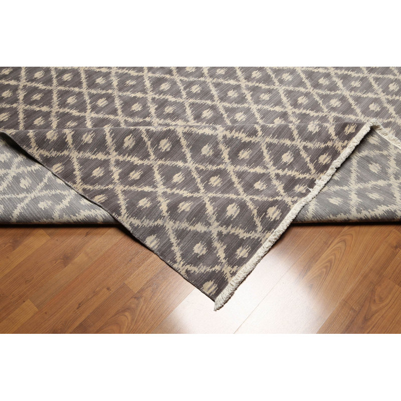 Tapis gris en laine noué à la main de conception unique 9 pi x 12 pi