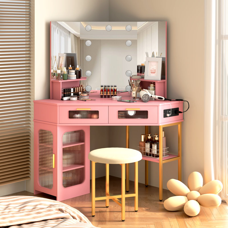 Chantle Dressing Table with Mirror, Pink/Gold