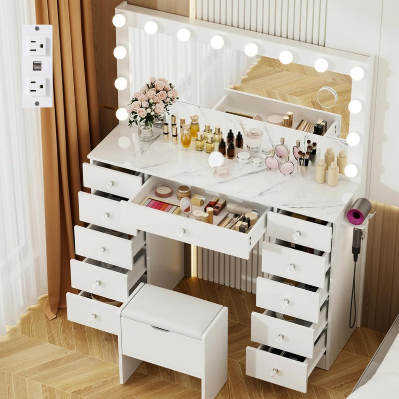 Meuble-lavabo à maquillage avec 11 tiroirs et prise de courant, 3 modes d'éclairage couleur à luminosité réglable