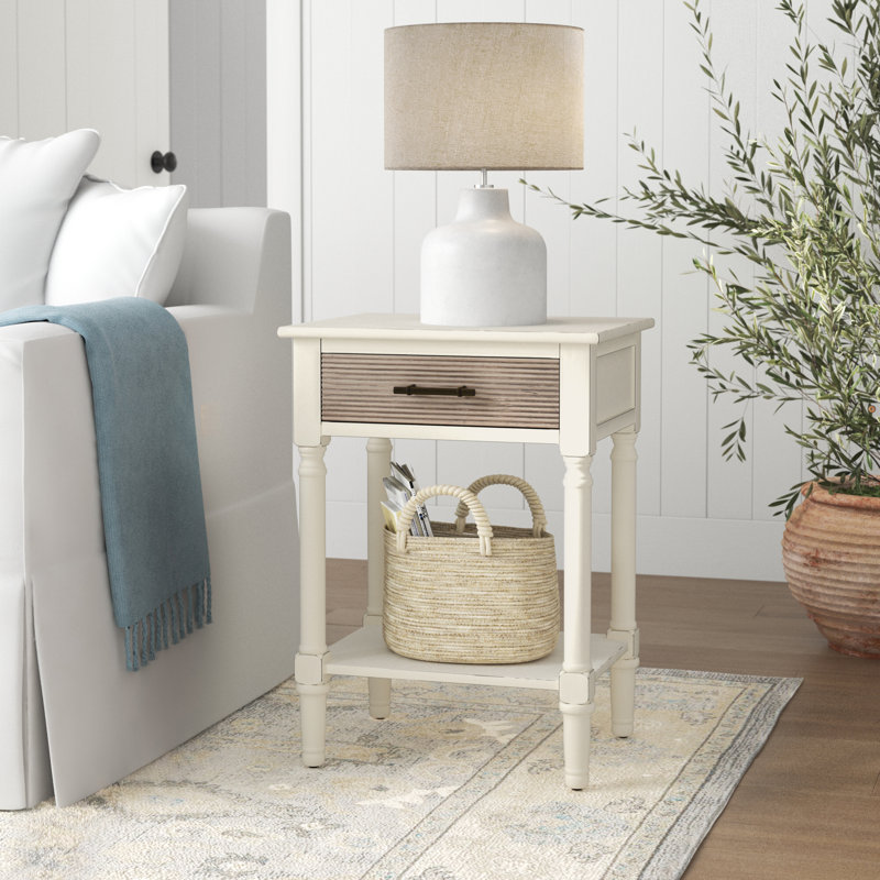 Peters End Table with Storage, Distressed White/Greige