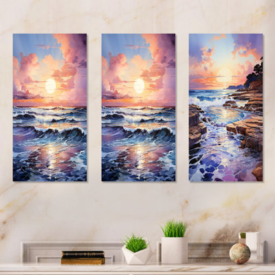 Yellow Tide At Evening Sunset I - Coastal Sunset Canvas Wall Art Set Of 4