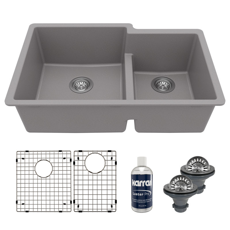 Karran Quartz 32'' X 21-1/4'' Double Bowl 60/40 Undermount Kitchen Sink Kit, Gray