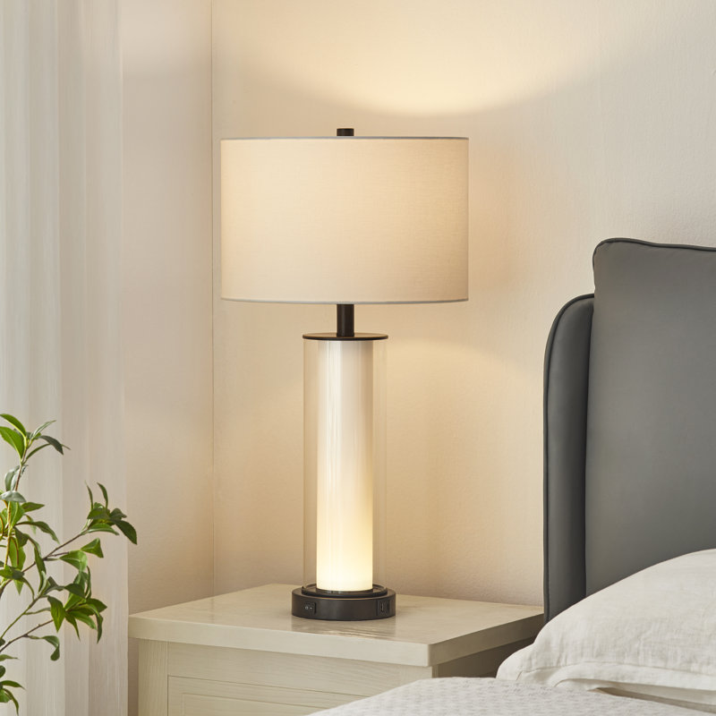26.75'' Single Glass USB Table Lamp With Built-in Night Light (One LED Bulb Included)