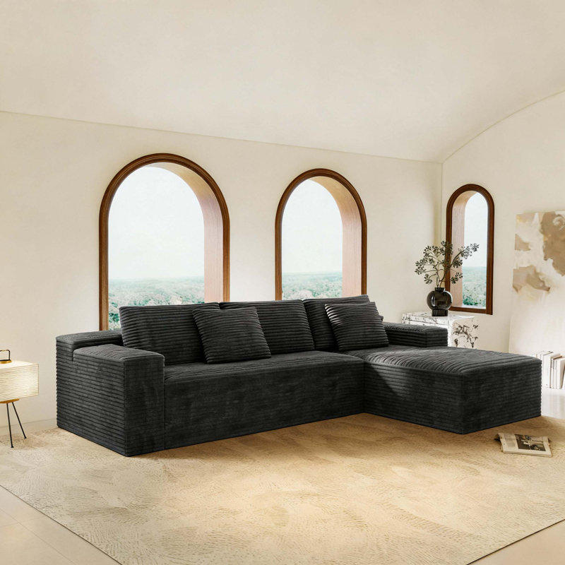 Canapé modulaire modulaire sans assemblage requis, Velours côtelé gris, H 23,6 po x l 104,3 po x P 68,9 po, Orienté à droite