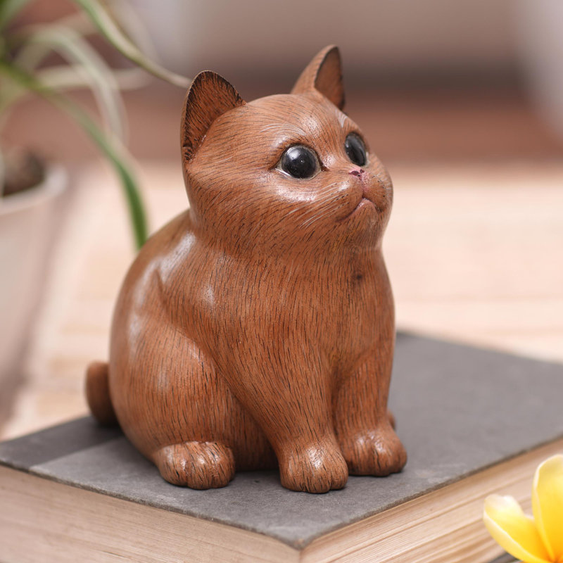 Novica Handmade Cozy Cat Wood Figurine