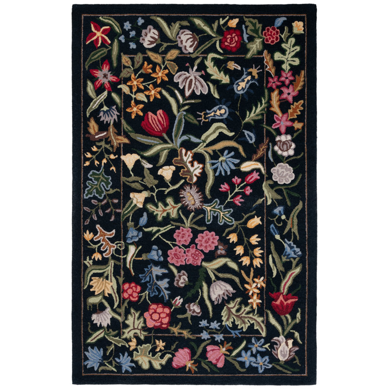 Tapis noir / rose en laine tissé à la main Abigel, Rectangle 8 po x 10 po