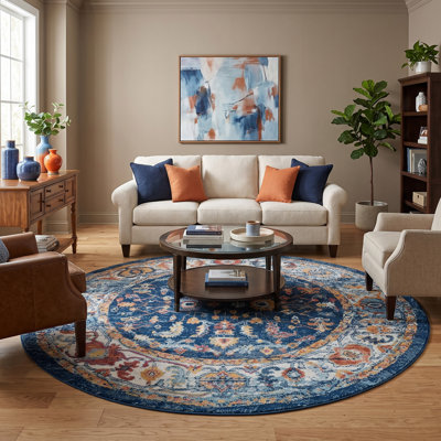  Honig Distressed Boho Farmhouse Floral Round Area Rug