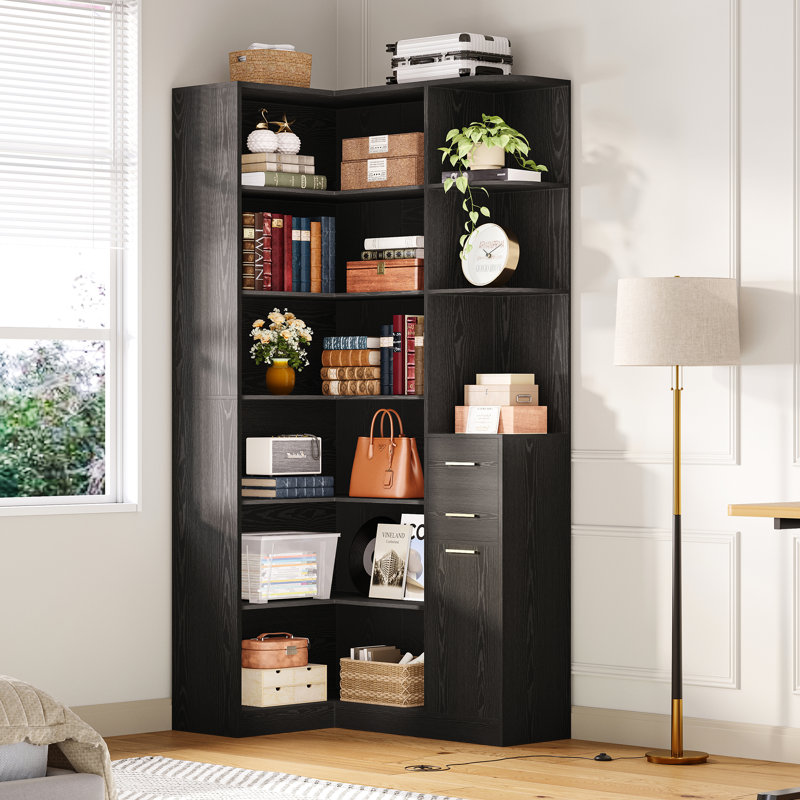 33" W X 76" H Corner Bookshelf With 2 Drawers, 7 Tiers L-Shaped Bookcase With 10 Open Storage Space, Modern Corner Storage Cabinet For Living Room, Home Office