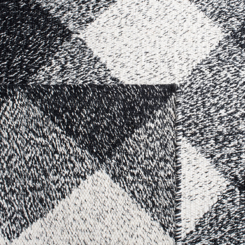 Kilim Flat Weave Wool/Cotton Geometric Rug in Black, Runner 2'3" x 9'