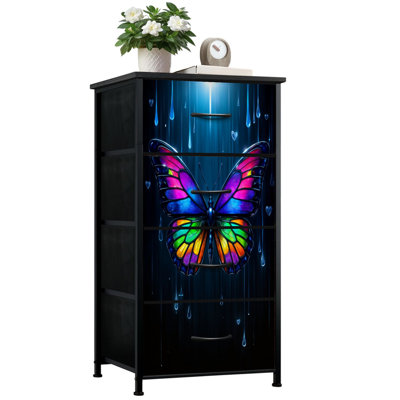Commode pour la chambre à coucher avec 4 tiroirs de rangement Vitrail éclatant papillon couleurs de l'arc-en-ciel Gouttes de pluie en forme de cœur Commode