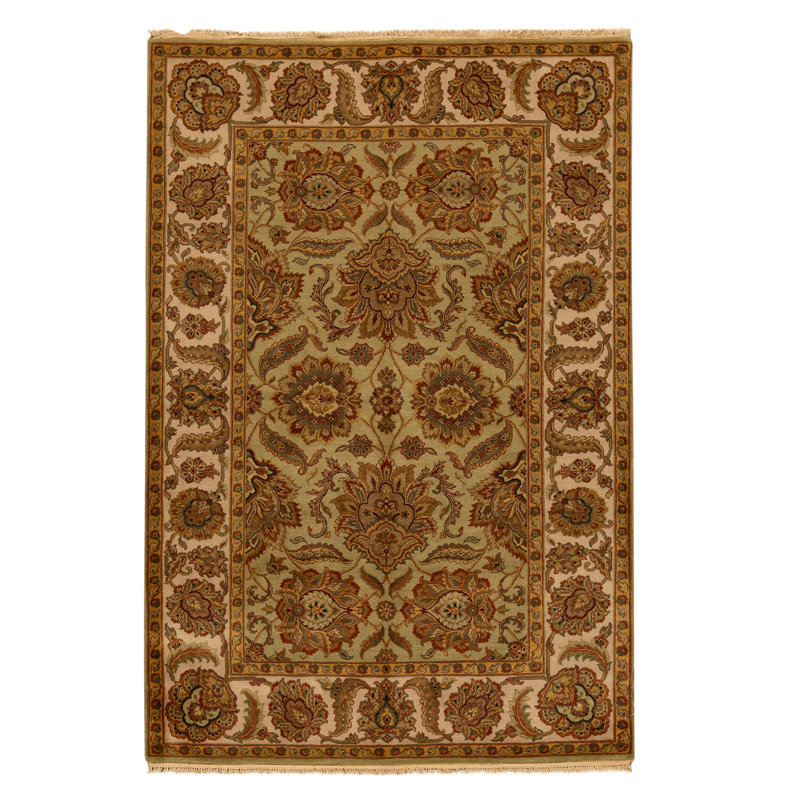 Hand Knotted Wool Oriental Area Rug in Light Green And Ivory