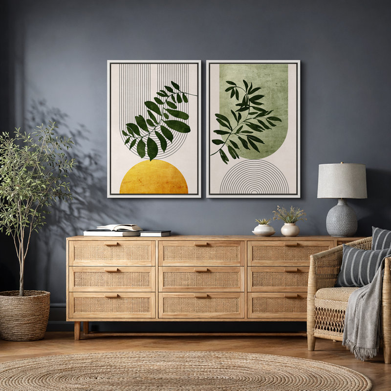 Boho de style Mid-Century moderne, "Bold Bright Yellow & Green Leaves, H 24 po x l 32 po, Cadre flottant blanc