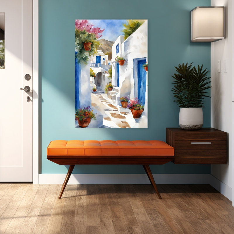 Charmant village grec, paisible, architecture traditionnelle rustique, impression d'art mural d'été, 48" H x 32" W