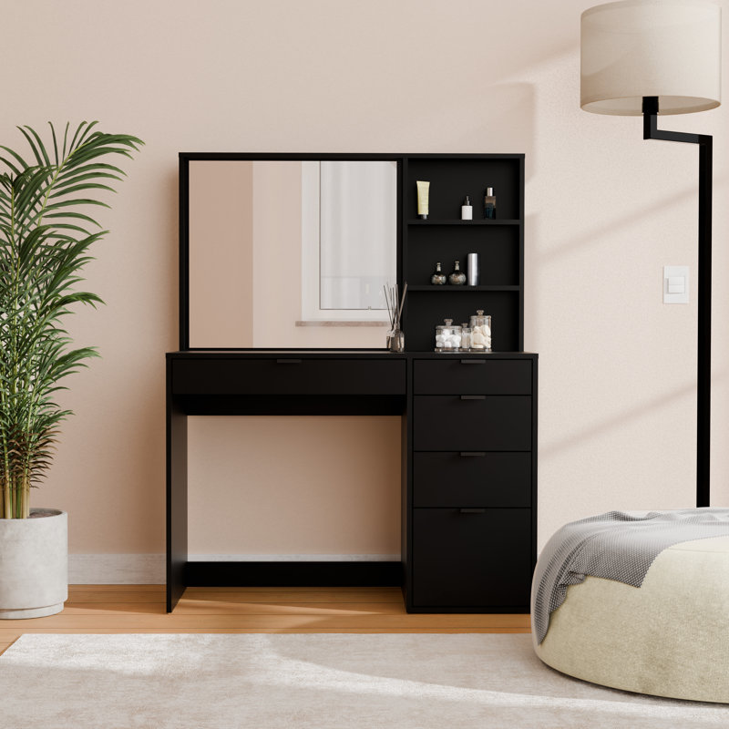 Coiffeuse Johnfrancis avec miroir et tiroirs, l 53,5 po, Noir