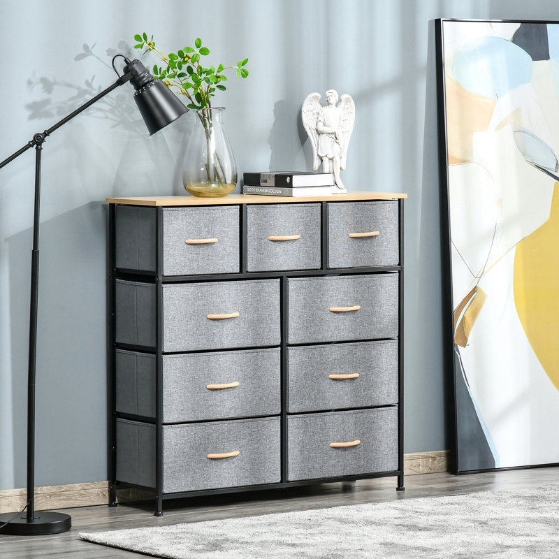 Commode de rangement avec rangement 9. Gardez vos accessoires organisés. Chêne et gris. Pliable. Sécuritaire. Matériau en lin. Profondeur intérieure de 10,5 po avec 9 tiroirs. Chambre à coucher, couloir, rangement pour garde-robe. Pliable