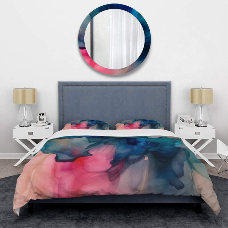 Ensemble de housse de couette en microfibre / polyester bleu et rose, Housse de couette pour très grand lit et 2 très