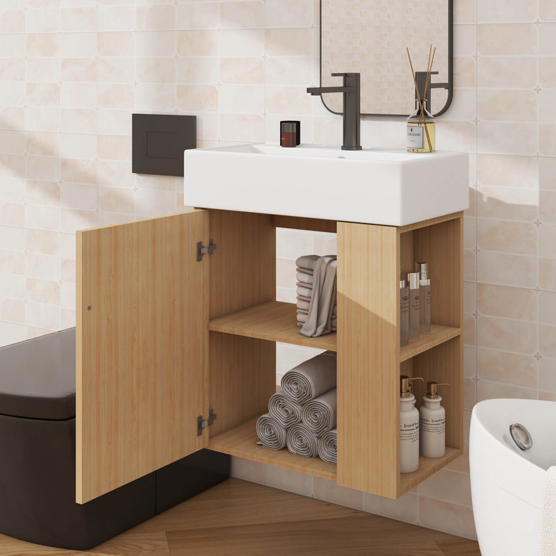 Meuble-lavabo mural 21,6 po avec lavabo mural encastré, Bois, Noir