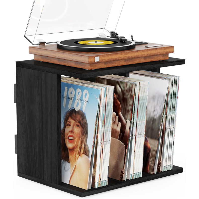 16.5"×12.5"×14.1" 3-Compartment Record Player Stand – 80-100 LP Capacity Wall-Mountable Turntable & Vinyl Organizer