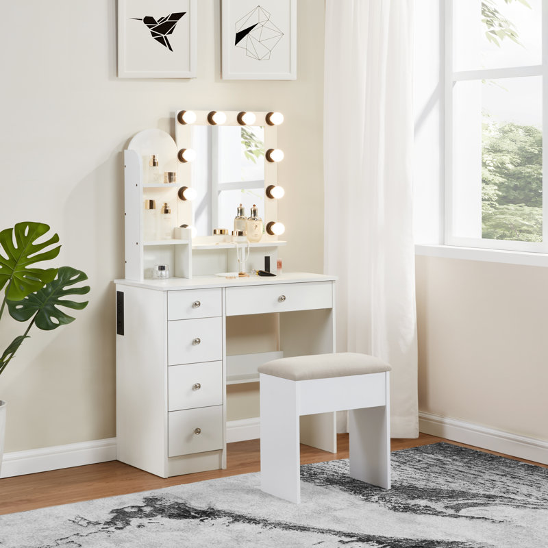 Coiffeuse 4 tiroirs avec lumière Besancon, Blanc
